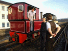 Gertrude arrives at Harbour Station behind Criccieth Castle. L-R: WHHR director Richard Harrison; F&WHR General Manager Paul Lewin; F&WHR signalman Jamie Moore. Pic: Andrew Thomas