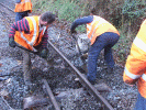 Digging out ballast to insert a sleeper in the half stagger at Aspinalls. 15th November 2012.Bob Zeepvat.